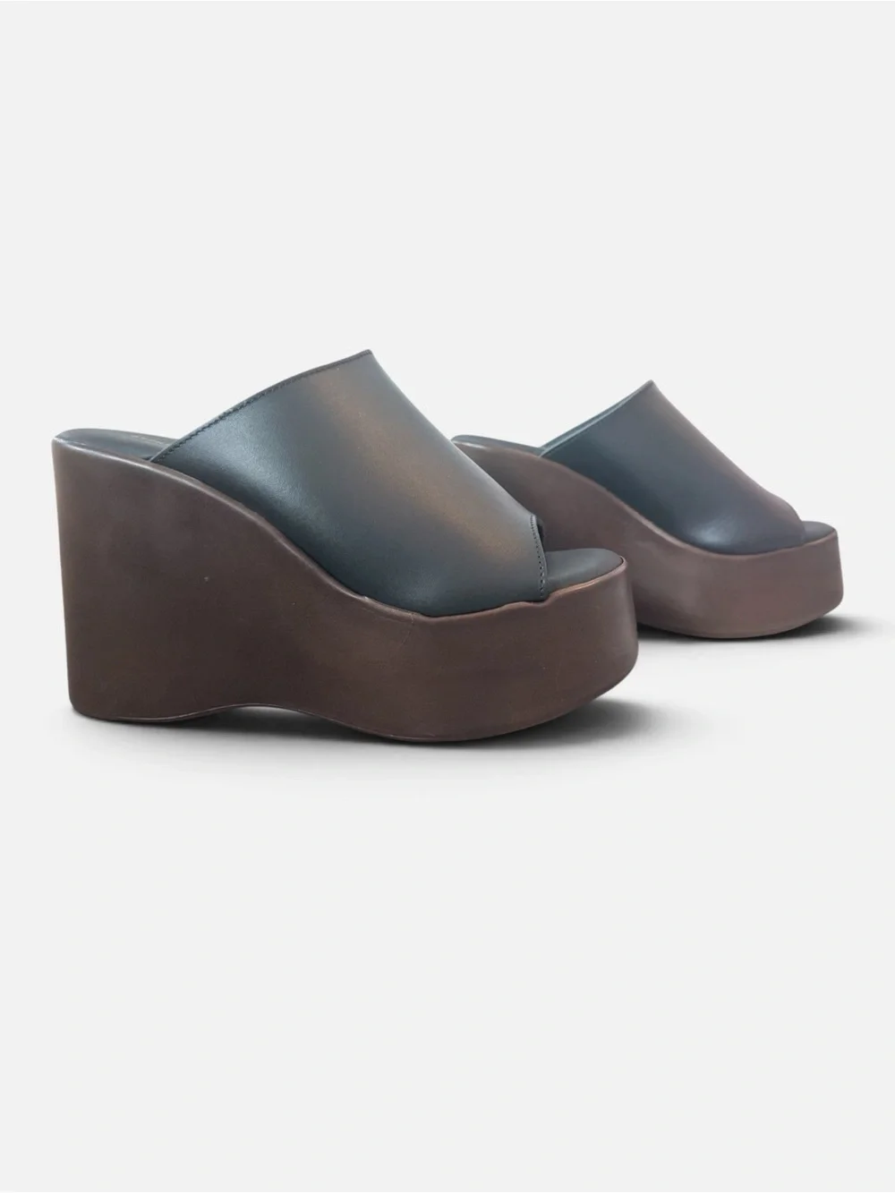 NEW-never worn. Anthropologie Black Leather Platform Slide with Brown Wedge Sole